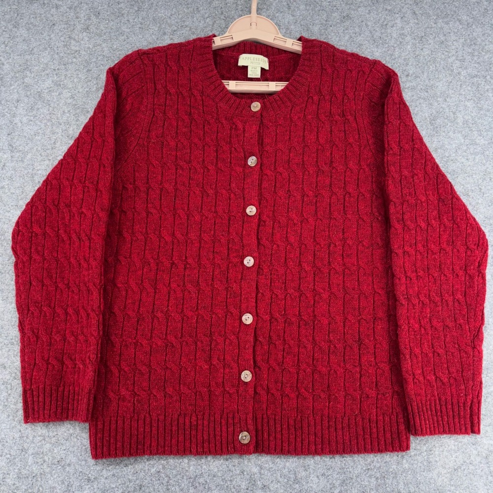 Appleseeds Petites Red 100% Wool Cable Knit Button Front Cardigan Sweater PM